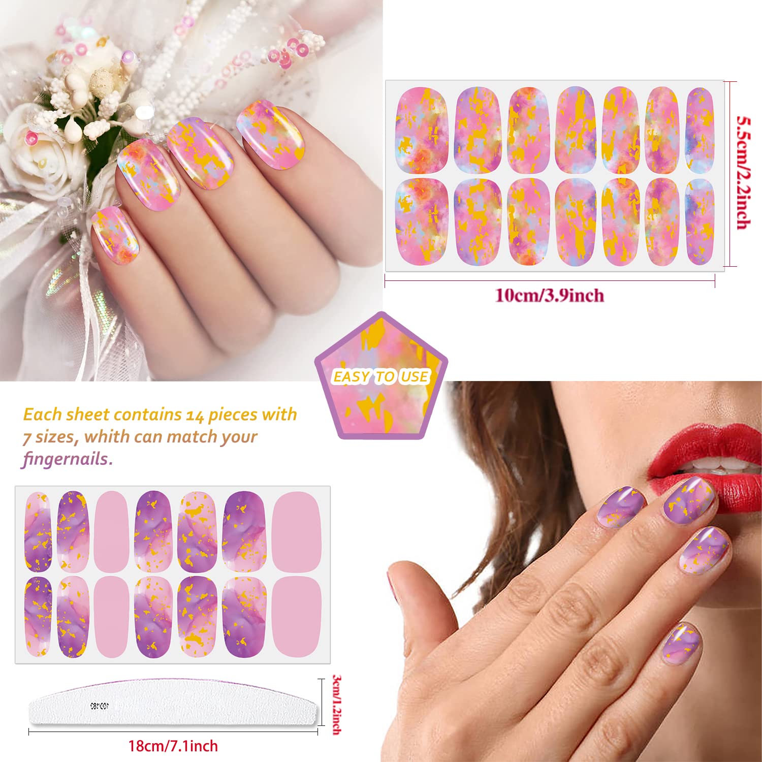 JERCLITY 336 Pieces 24 Sheets Women's Full Wrap Marble Nail Polish Strips Stickers Self-Adhesive Solid Color Gel Nail Strips Decals with Nail File for Women Girls Nail Decorations (Fresh Style) - Image 5
