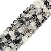 Natural Black Rutilated Quartz Gemstone 8mm Faceted Coin Discoid Loose Beads 15 Inch for DIY Jewelry Making Beads