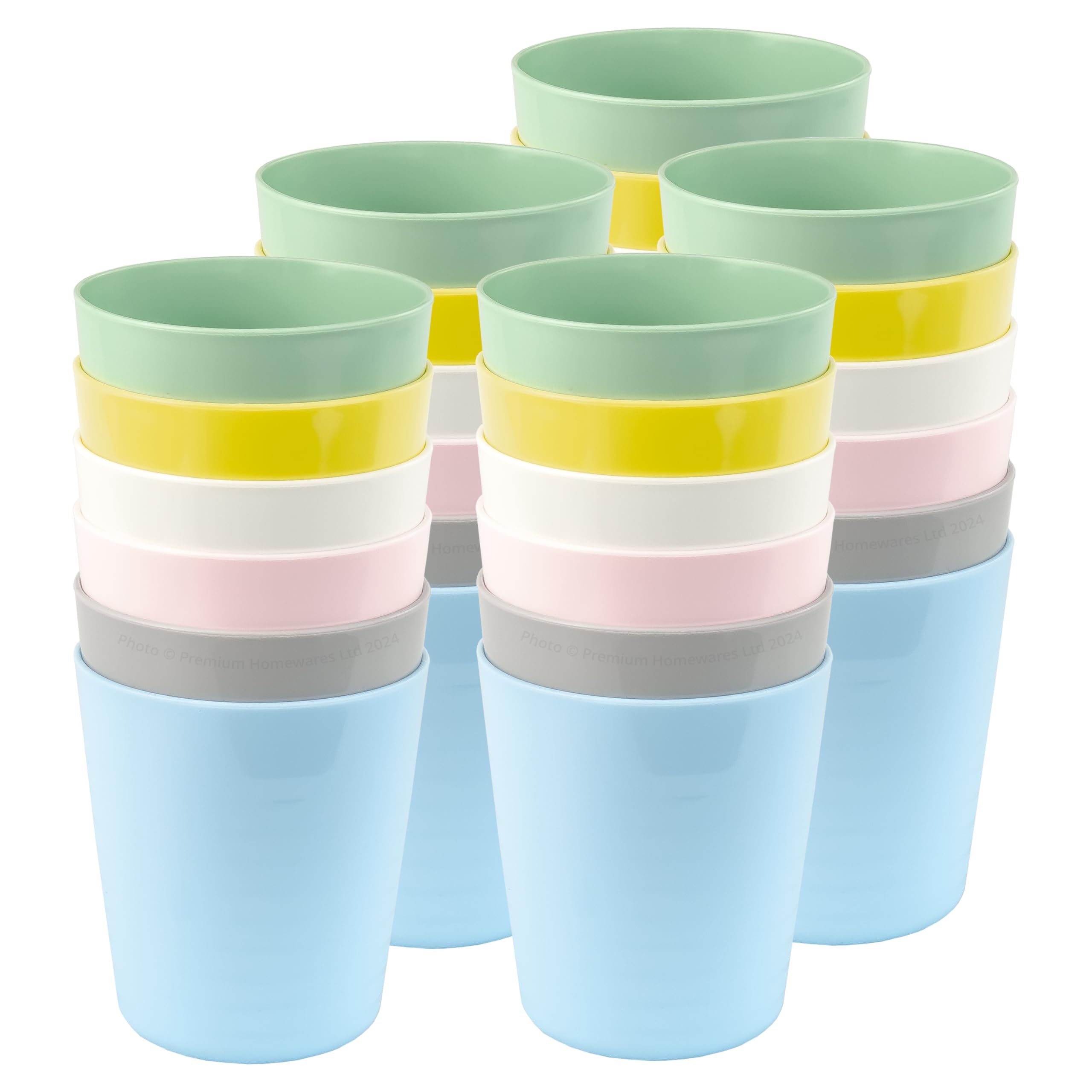 Set of 30 x KALAS Kids' Plastic Cups, 230ml, Mixed Pastel Colours, Stackable, Dishwasher Safe