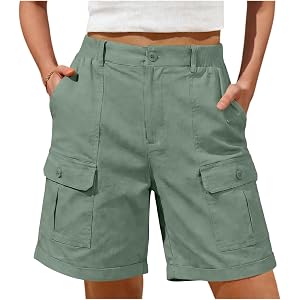 txxeoss Womens Cargo Shorts 7 Inch Inseam Elastic Waistband Button Fly Bottoms Summer Casual Pants with 4 Pockets