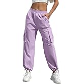Women's High Waisted Cargo Pants Baggy Trendy Hiking Parachute Pants with Pockets Y2K Cargo Trousers Drawstring Ankles XL Purple
