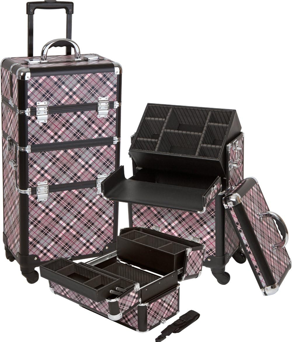 Seya Pro Aluminum Cosmetic Makeup Case 4 Wheeled Spinner w/Nail Polish Holder Insert and Adjustable Dividers (Pink Checker)