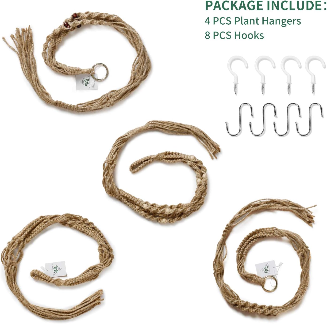 POTEY 620401 Macrame Plant Hangers - 4 Pack Hanging Planter Basket with 8 Hooks, Jute Indoor Hanging Plant Holder with Wood Beads,40''/43.3''/47.3''/47.3'',Brown: Garden & Outdoor