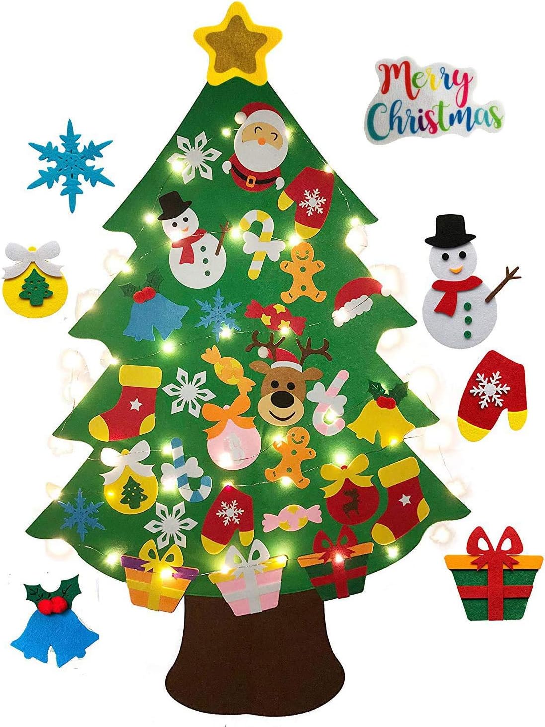 3.8 Ft Felt Wall Hanging Christmas Trees Set with 50 LED Lights Christmas Tree Xmas Ornaments