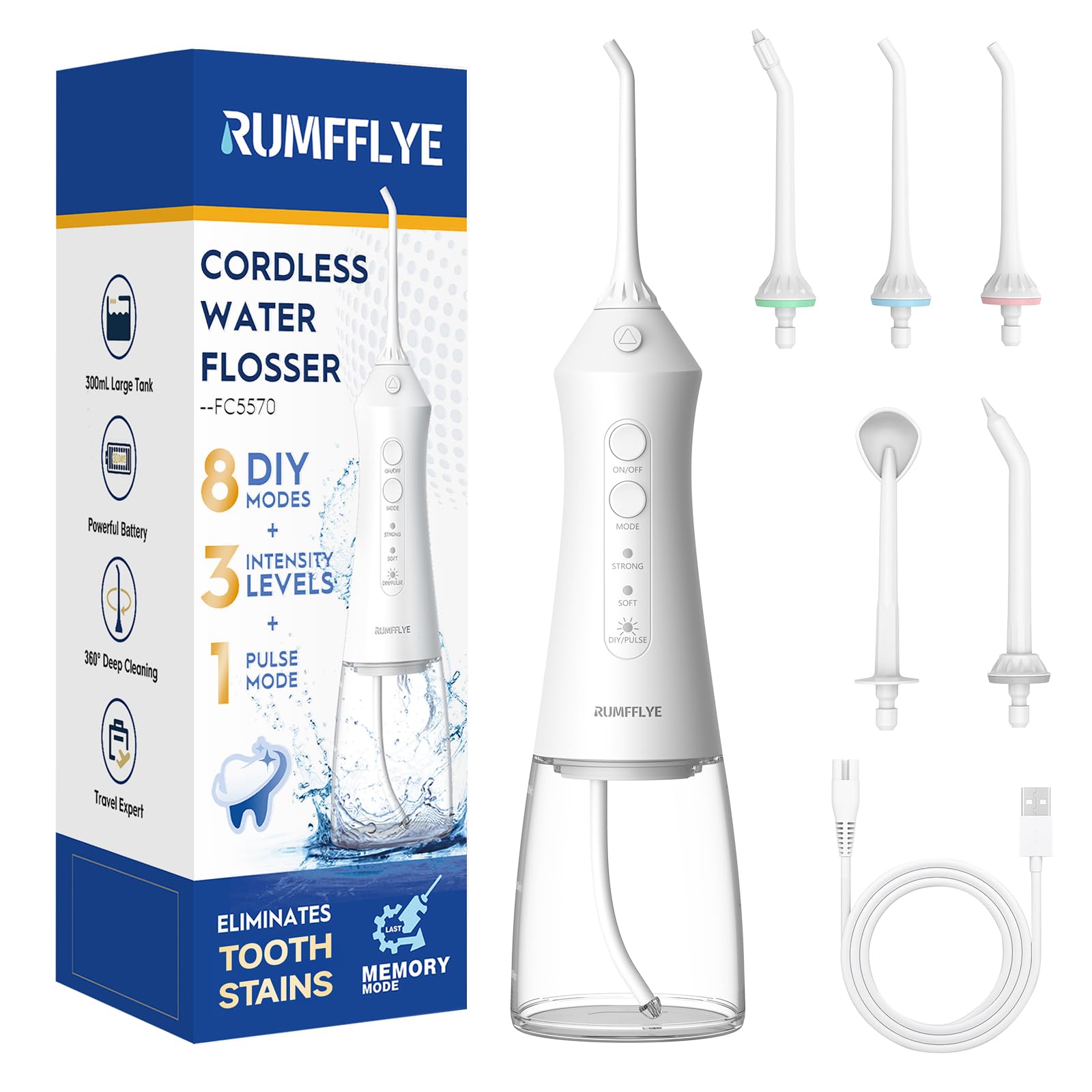 RUMFFLYE Water Dental Flosser Teeth Pick 300ML Portable Cordless Oral Irrigator for Teeth Cleaning with 4 Modes 5 Jet Tips 12 Pressure Settings USBCharger IPX7 Irrigation Cleaner for Home Travel White Image