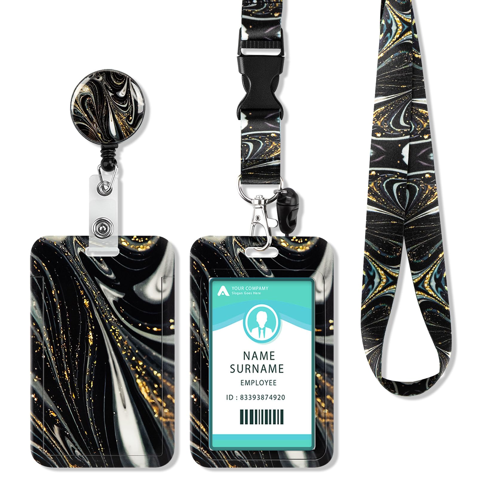 ID Card Holder with Lanyard, Extendable Lanyard ID Card Holder, ID Card Case with Strap, Key Ring for ID Card, Student ID, Credit Cards (Marbled Black) — image 1
