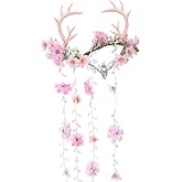 MOSTORY Pink Fairy Antler Headpiece, Elf Flower Crown for Women Renaissance | Woodland Floral Circlet for Cosplay Renfaire Fantasy Accessories