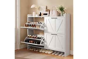 Buytime Shoe Storage Cabinet with 4 Flip Drawers, Freestanding Hidden Shoe Cabinet with Wooden Legs & Black Metal Handle for Entryway, Farmhouse Slim Shoe Rack Organizers, White