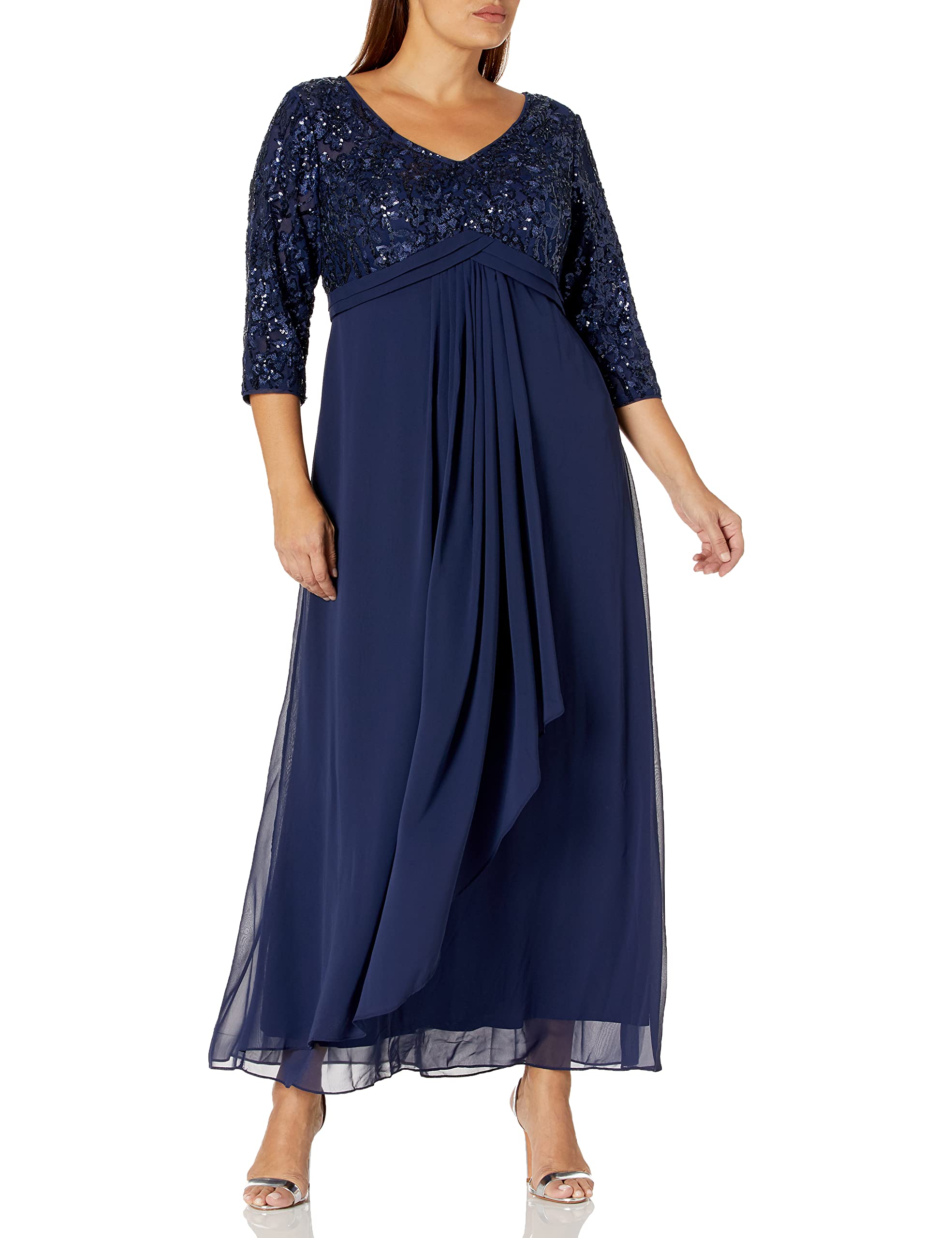 Photo 1 of Alex Evenings Women's Size Long Lace Top Empire Waist Dress, Navy Plus, 22W