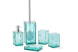 YAUKPH Clear Acrylic Bathroom Accessories Set - Rust-Free, Transparent Design - Includes Soap Dispenser, Toothbrush Holder, Cup, Soap Dish, and Toilet Brush 5-Piece (Teal Blue)