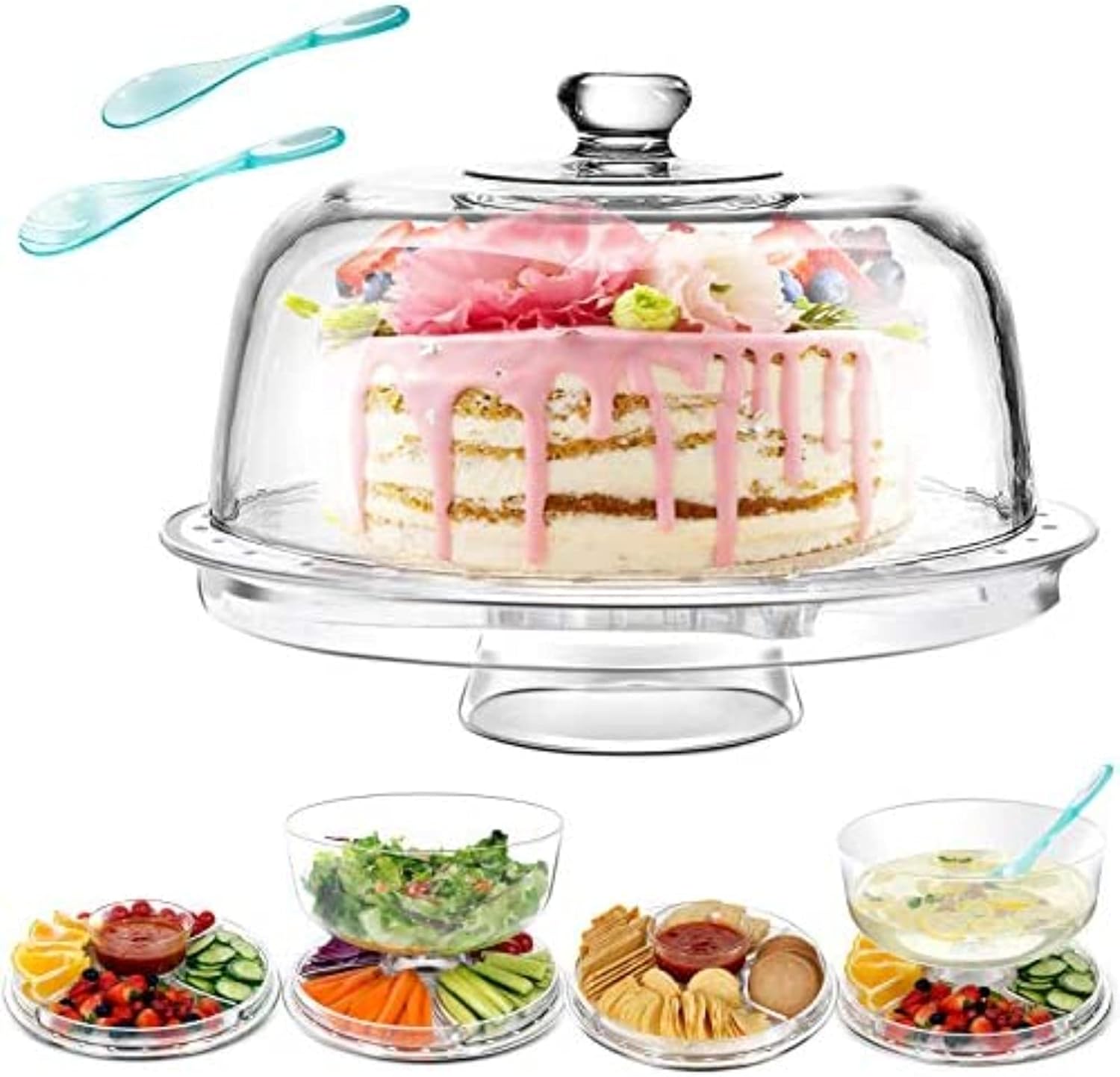 Cake Stand, 6 in 1 Plastic Cake Stands with Dome Lid, MultiFunctional