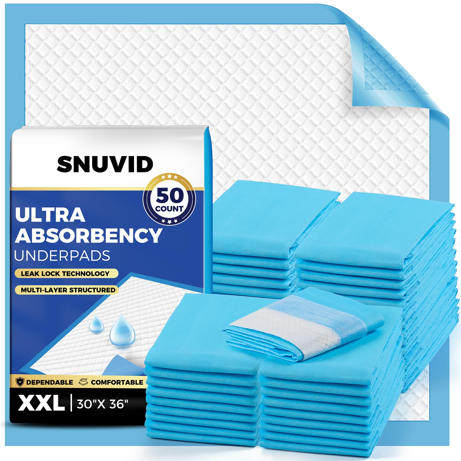 Photo 1 of Super Absorbent Disposable Underpads - XXL (30" x 36") Leakproof Bed Pads | Quick-Dry, Ultra Thick for Heavy Incontinence | Chux Pads for Adults, Seniors, Kids, Baby & Pets - 50 Pack
