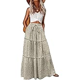 Lepunuo Womens Casual Boho High Waisted Flowy Maxi Skirts Tiered Floral Long Skirts with Pockets for Summer Beach Vacation