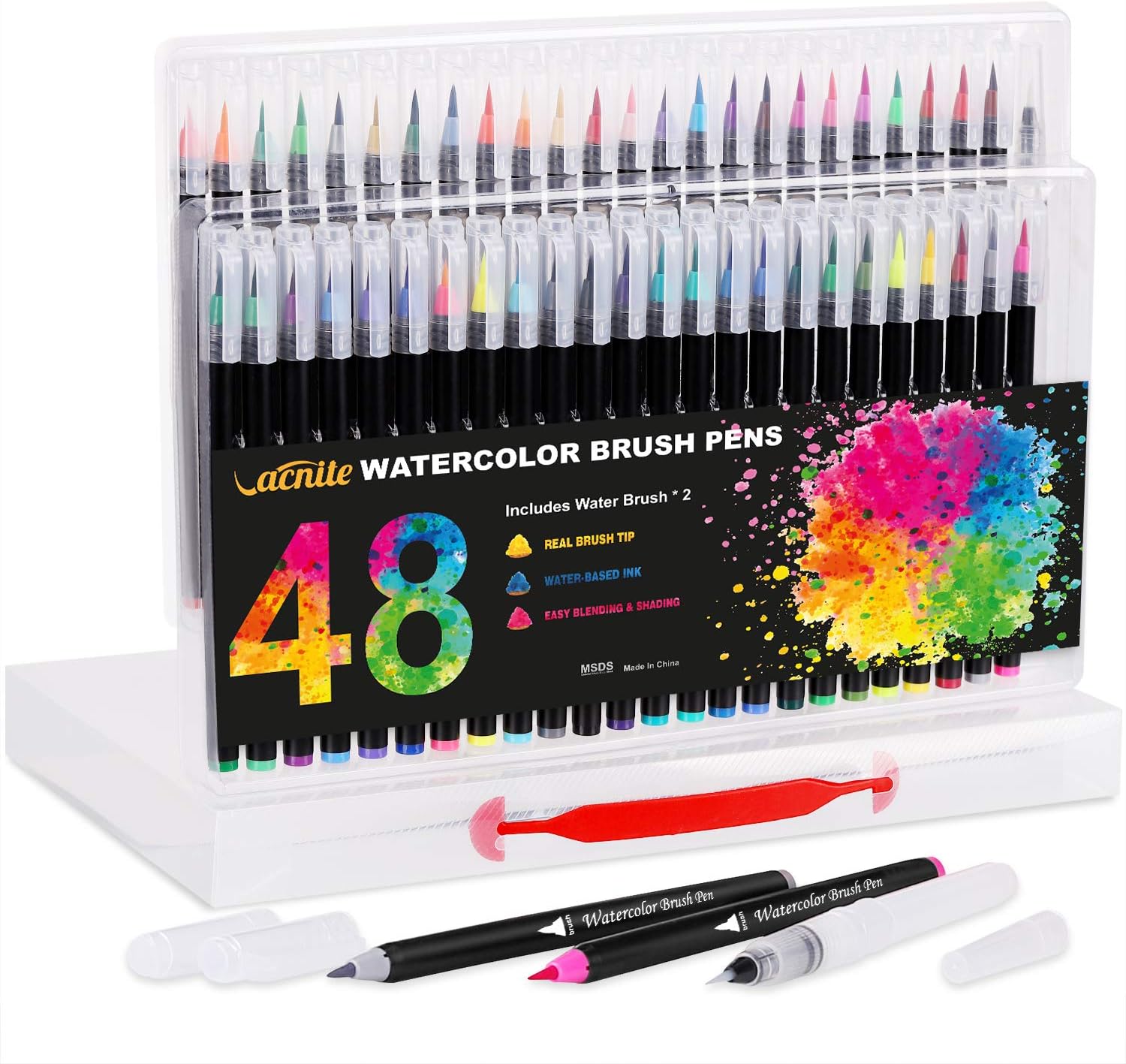 Vacnite Watercolor Brush Pens, 48 Colors Brush Pens + 2 Water Brush, with Flexible Nylon Brush Tips, for Calligraphy, Manga Drawing, Artists, Beginner Painters, Kids and Adults