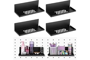 Therwen 4 Pack Magnetic Pegboard Shelves Wall Organizer Metal Pegboard Shelf Steel Tray Accessories Organizing Tools for Craft Home Kitchen(12 x 4.8 x 3.6 Inches,Black)