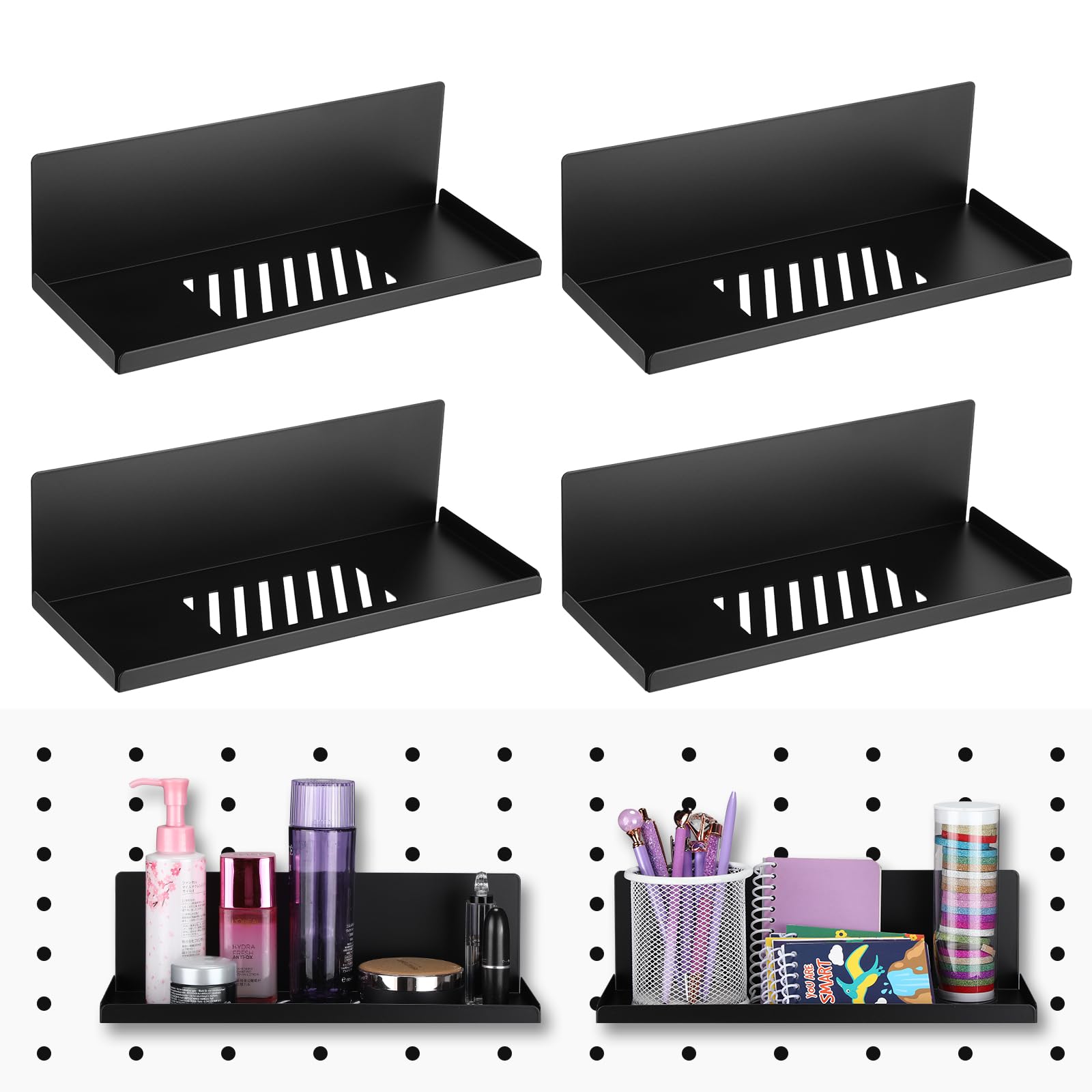 Photo 1 of Therwen 4 Pack Magnetic Pegboard Shelves Wall Organizer Metal Pegboard Shelf Steel Tray Accessories Organizing Tools for Craft Home Kitchen(12 x 4.8 x 3.6 Inches,Black)