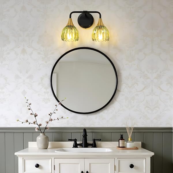 HAHZT BATHROOM VANITY LIGHT FIXTURES: 2-LIGHTS VINTAGE BATHROOM LIGHTS OVER MIRROR WITH RIBBED GREEN TULIP GLASS SHADE – 14 INCH BLACK AND GOLD WALL SCONCE BATH LIGHTING