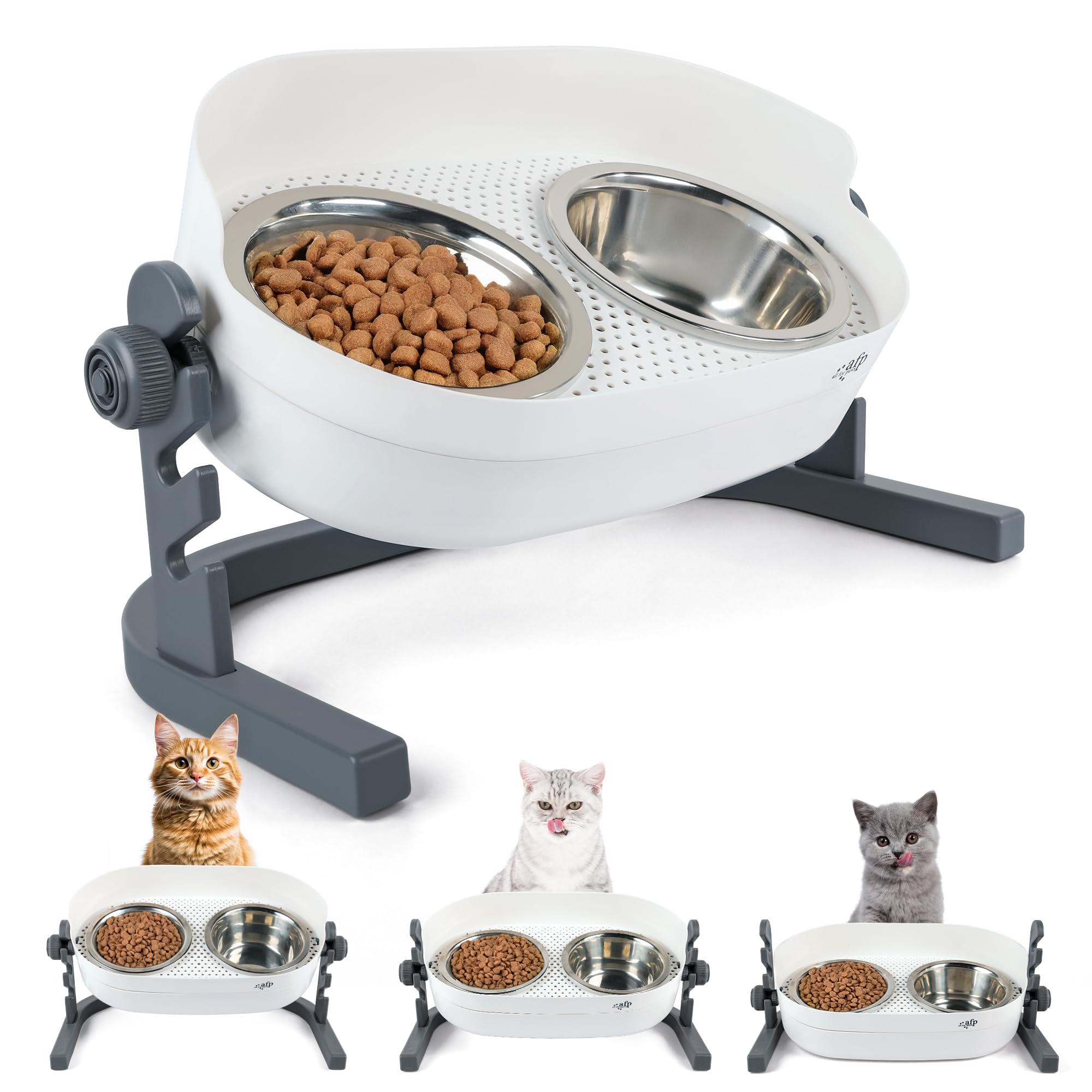ALL FOR PAWS Raised Cat Bowl 3 Heights Adjustable, Elevated Double Bowls with 2x350ML Stainless Steel Dishes, Cat Feeding Station for Small Medium & Large Cats, Non-Slip and No Spill (44x26x20CM)