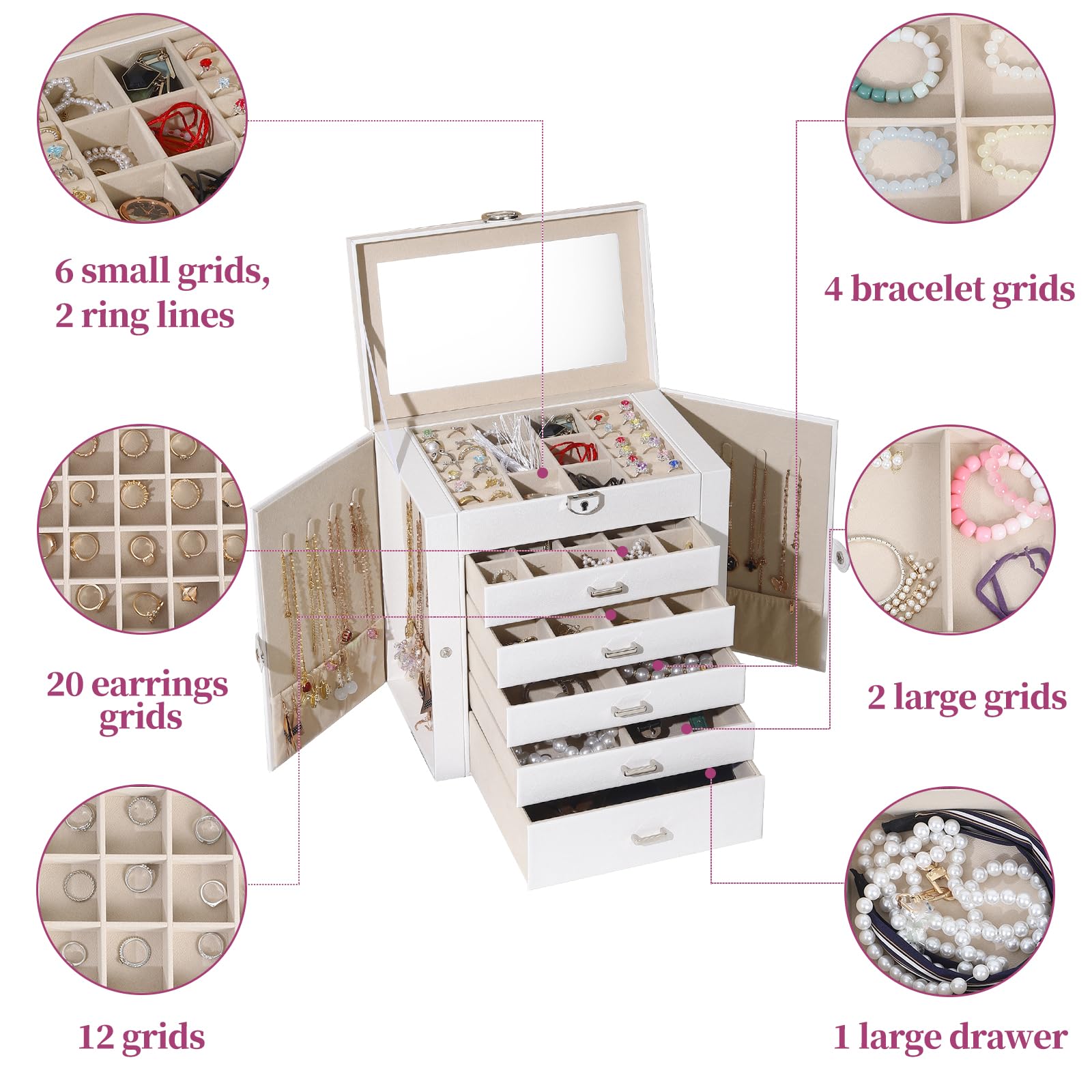 BOOVO Jewelry Box For women, 6 Layer Large Jewelry Organizer With Mirror, Multi-Function Storage Box With Lock, Accessory Holder With 5 Drawers, For Earrings Necklace Ring Bracelet (White)