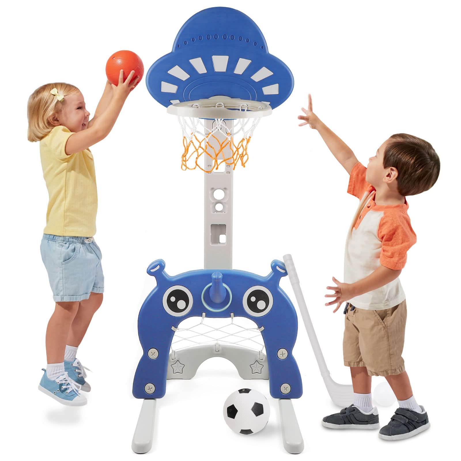Basketball Hoop for Kids 4 in 1 Sports Activity Center Grow-to-Pro Adjustable Easy Score Basketball Hoop Football/Soccer Goal Golf Game Ring Toss Best Gift for Kids Baby Infant Toddler