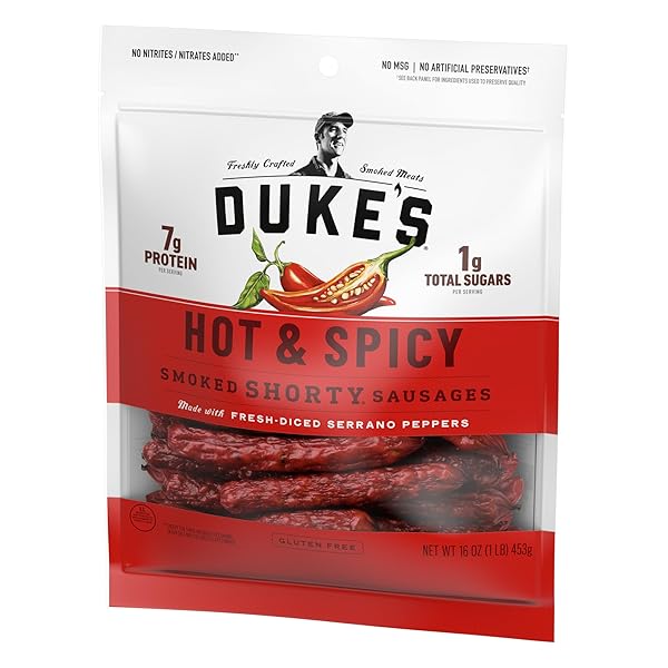 DUKE’S PORK HOT & SPICY SMOKED SHORTY SAUSAGES, 7G PROTEIN PER SERVING, 16 OZ.
