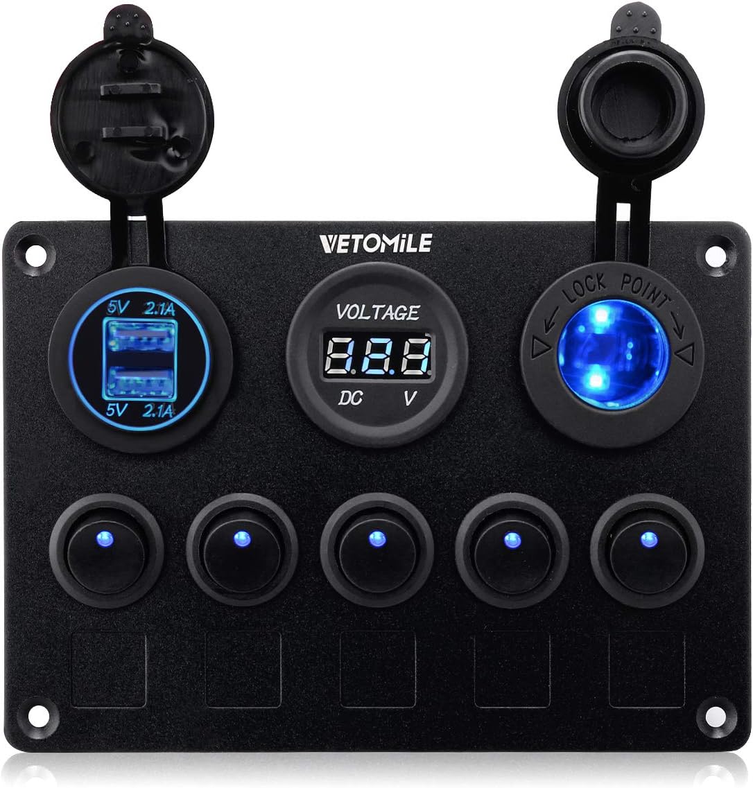 VETOMILE Boat Marin Rocker Switch Panel Waterproof 3 Pin 5 Gang Marine Fuse Digital Voltage Display Dual 5V/2.1A USB Charger Cigarette Lighter Socket 12V-24V for Car Truck: Automotive