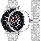 DEALELE Bands Compatible with Samsung Galaxy Watch 46mm / Gear S3 Frontier/Classic, 22mm Bling Rhinestone Diamond Metal Strap with Bezel Ring Cover Replacement for Women Men (Silver)
