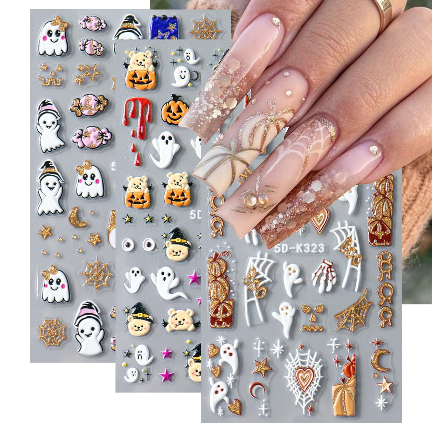 Photo 1 of Halloween Nail Art Stickers 5D Embossed Horror Ghost Nail Decals Spider Web Pumpkins Candy Design Cute Cartoon Nail Sticker Halloween Nail Art Supplies for Women Girls DIY Manicure Accessories, 3pcs