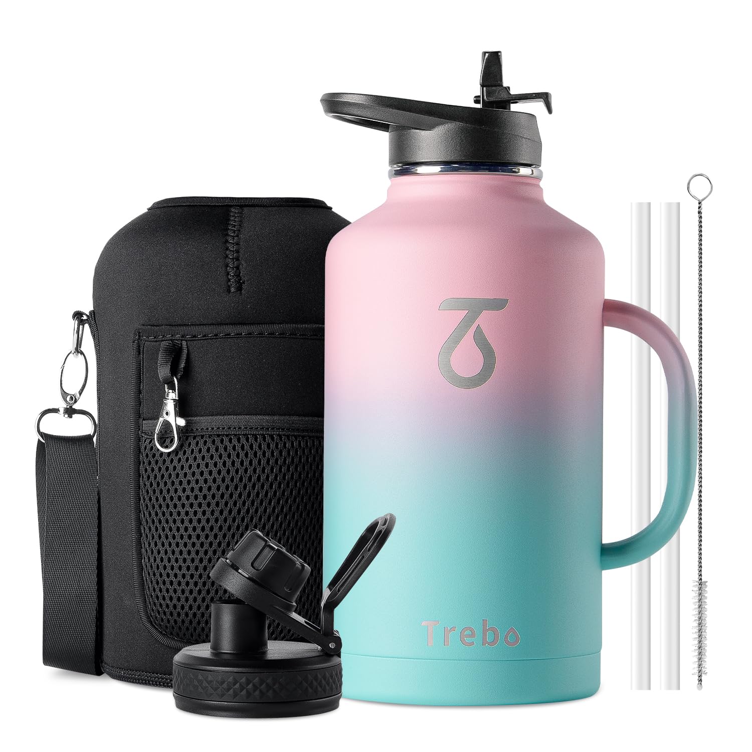 Trebo Insulated Water Bottle 2L, Metal Bottle with Handle Stainless Steel Metal Large Jug Travel Flask with Straw Spout Lid Mug Tumbler Cup with Carry Pouch Keep Cold Hot, Pink