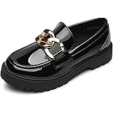 CCVON Girl's Platform Loafers Slip On Chain Chunky Shoes Round Toe School Uniform Dress Flats