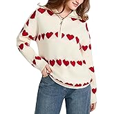 Wyeysyt Heart Sweater for Women Valentines Quarter Zip Sweater Oversized Long Sleeve Knit Pullover Valentine's Day