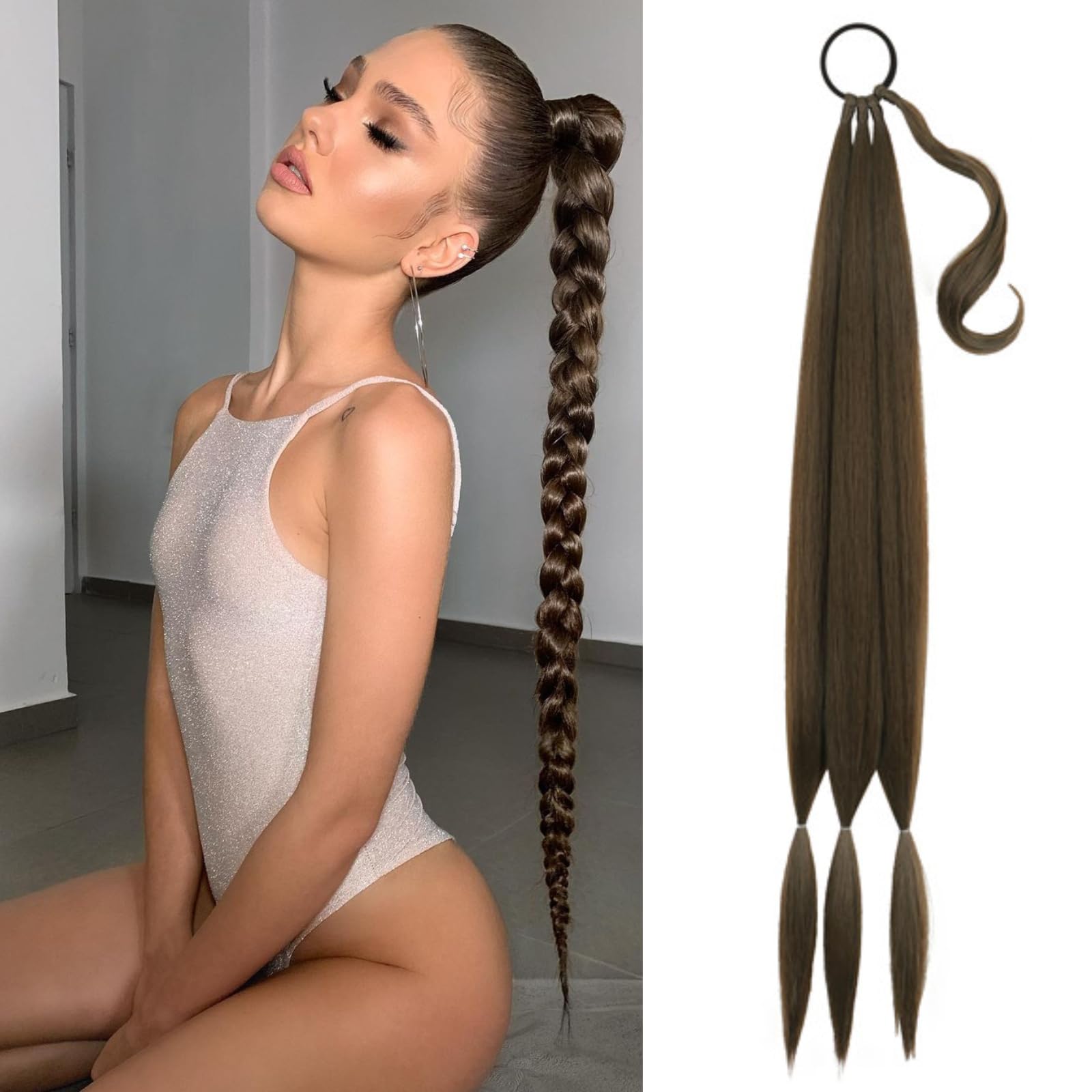 Photo 1 of Kmzbasg Long Braid Ponytail Extension with Hair Tie DIY Wrap Around Synthetic Hairpiece Natural Soft Fluffy Style for Women’s Daily Wear (34 Inch Dark Brown)