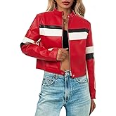 Tankaneo Womens Cropped Moto Biker Jackets Faux Leather Bomber Jacket Color Block Vintage Racing Coats