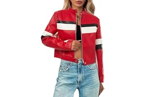 Tankaneo Womens Cropped Moto Biker Jackets Faux Leather Bomber Jacket Color Block Vintage Racing Coats