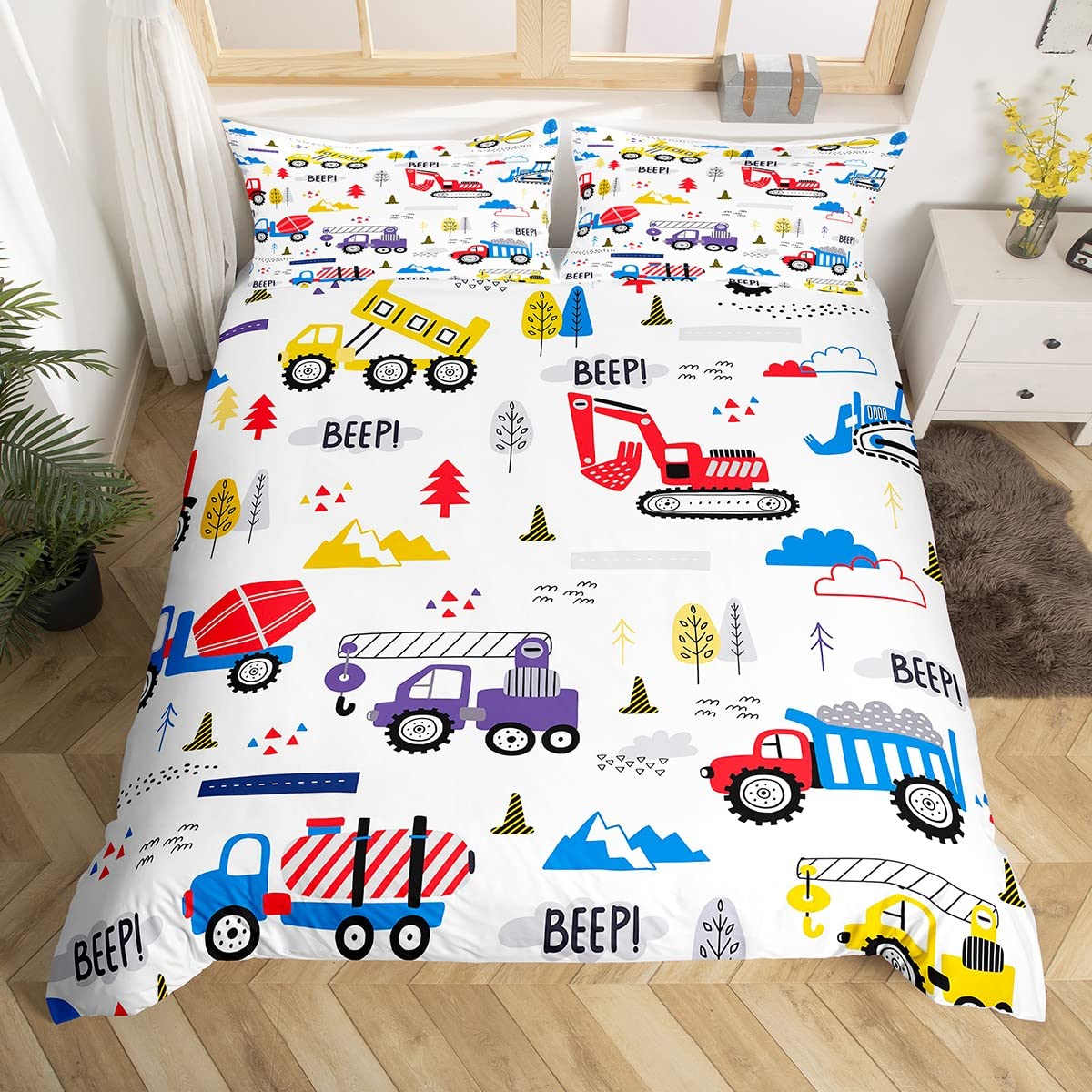 Kids Construction Truck Duvet Covet Super King Boys Cartoon Cars Toddler Bedding Set Machinery Excavator Tractor Equipment Comforter Cover Cute Vehicles Red Blue Yellow Quilt Cover with 2 Pillowcases