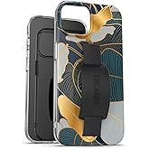 ENCASED Finger Loop Case, Designed for iPhone 15 Pro (2023) Hand Strap Grip Cover with Soft-Touch Silicone Phone Holder (Blue Gold Palm Leaf)
