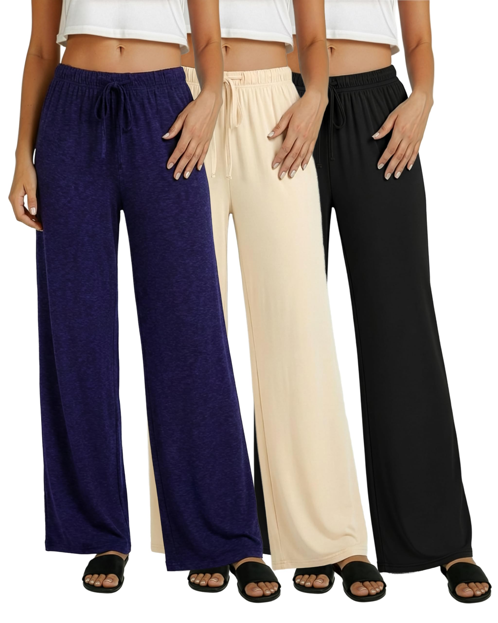 Photo 1 of ***BLACK PANTS ARE MISSING***Real Essentials 3 Pack: Women's Soft Palazzo Pants - Wide Leg Yoga Casual Loungewear Pajama Pj Bottoms, Set 5, Large***BLACK PANTS ARE MISSING***