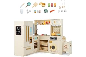 Costzon Corner Kitchen Playset, Kitchen Toy Set w/Real Lights & Sounds, Large Fridge, Ice Maker, Oven, Microwave, Washer, Tra