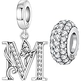 PANPOKI 2 Pack 925 Sterling Silver Butterfly Letter Charms for Bracelets and Necklace Alphabet Initial Dangle Pendants Round Spacer Beads Pave Cubic Zirconia Jewelry Gift for Women