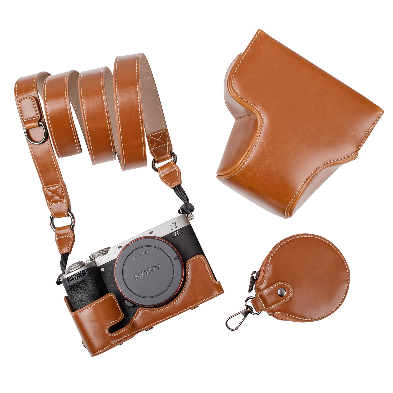 MUZIRI KINOKOO Sony A7C II Case, Retro PU Leather Protective Case for Sony A7C2/A7C II/Alpha 7C II Camera - with Bottom Opening & Shoulder Strap & Storage Pocket - Brown