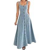 Women's Summer Adjustable Strap Sleeveless Midi Denim Dress Button Down A-Line Swing Flowy Jean Dress