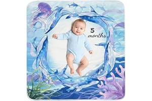 JIX SDFFAY Baby Monthly Milestone Blanket Soft Flannel Blanket for Boy & Girl, Colorful Whale Photography Backdrop Baby Shower with Milestone Numbers and Frame, Large 47x47 Inches