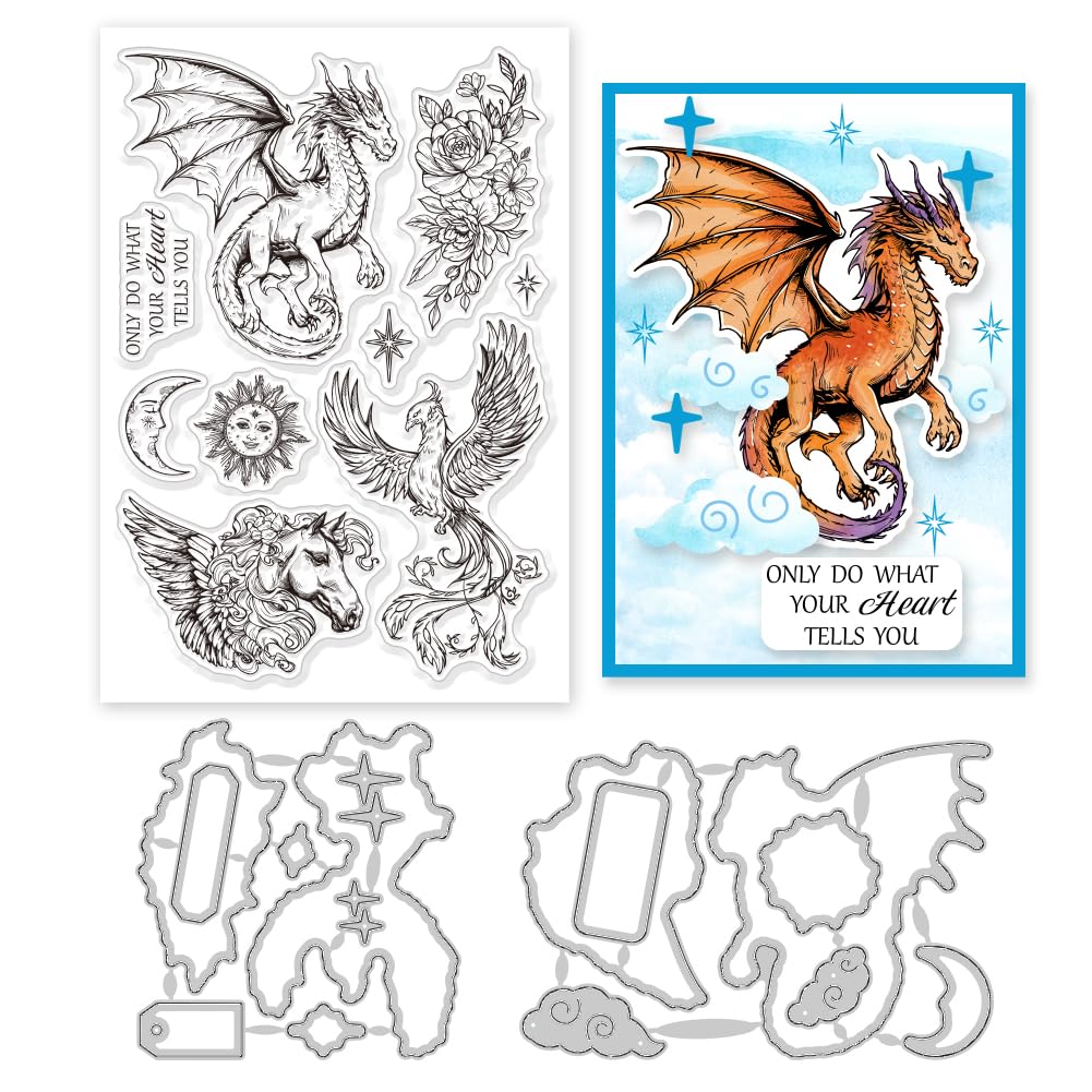 GLOBLELAND Magic Dragon Phoenix Clear Stamps and Cutting Dies Silicone Clear Stamps Cards and Metal Die Cuts for Card Making and DIY Embossing Scrapbooking
