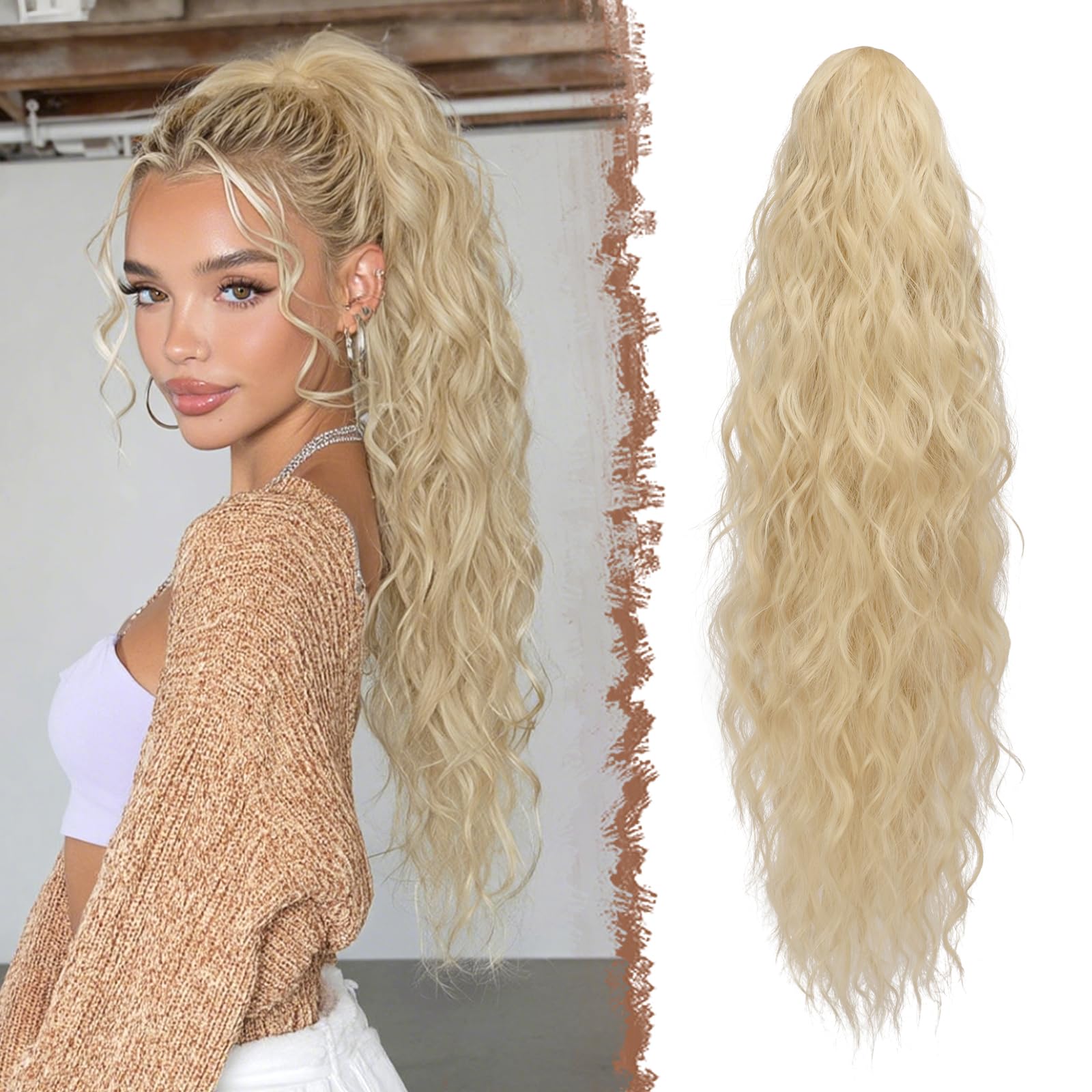 FESHFEN Long Curly Wavy Drawstring Ponytail Extensions Clip in Wavy Synthetic Hairpieces Blonde Drawstring Ponytail Curly Hair Piece Pony Tail Extension for Women, 26 inch — image 1