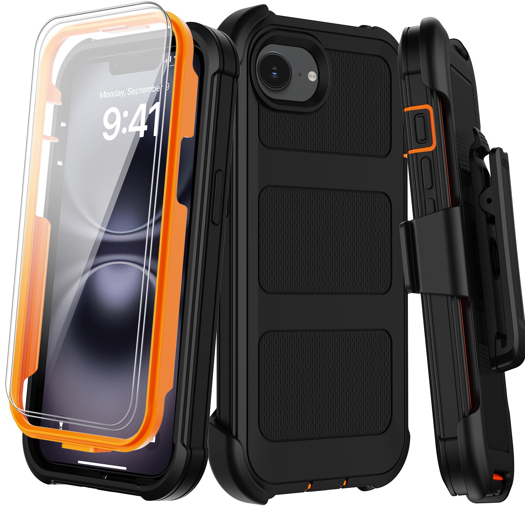 for iPhone 16e Case with Belt Clip Holster,iPhone 17e Case w/Screen Protector X2,Heavy Duty Shockproof Drop Protection Military Grade 2-Layers Rugged Durable Phone Cover for Apple 16e 17e(Black Orange