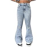 GORGLITTER Girl's Flare Bell Bottom Jeans Ripped Distressed High Waist Denim Pants Trousers with Pockets