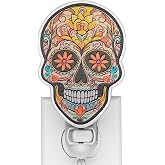 VOUWOWOX Sugar Skull Night Light Plug in – Stained Glass Styled Dia de Los Muertos Decor with Marigolds, Mexican Heritage Accent, Halloween Wall Light, Unique Gift for Day of The Dead (Pink & Yellow)