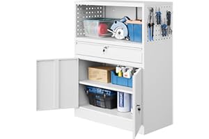 Yizosh Metal Garage Storage Cabinet with Locking Doors and Adjustable Shelves, Tool Storage Cabinet with 1 Drawer - 41" Steel Locking Cabinet for Garage, Warehouse (White)