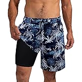 XiaoMoSha Mens Swim Trunks with Compression Liner 7" Quick Dry Board Shorts Bathing Suit with Pockets Swimwear Swimsuit S-2XL