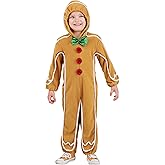 Toddler Gingerbread Man Costume | Cozy Hooded Holiday Jumpsuit, Satin Bow, Red Buttons